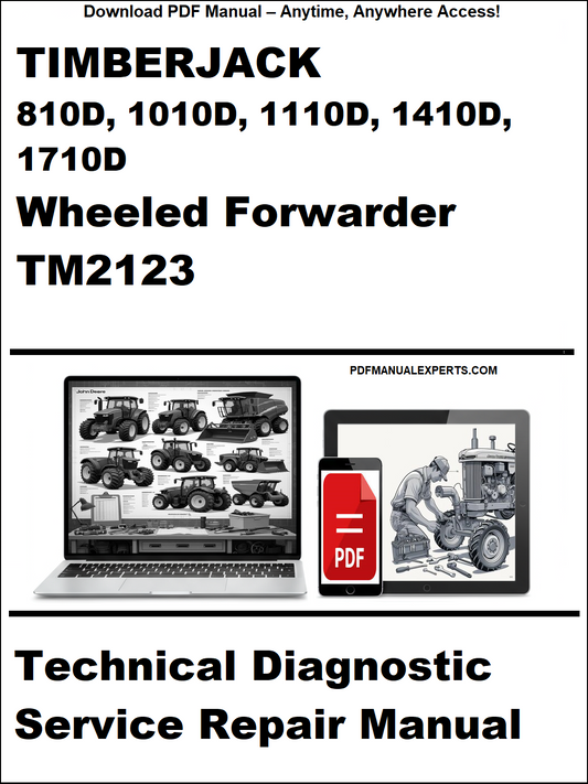 Cover of a technical diagnostic service repair manual for Timberjack wheeled forwarders, featuring images of a laptop and a truck.
