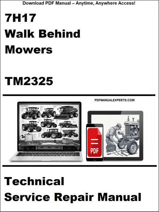Technical service repair manual for 7H17 walk behind mowers with a laptop and toolbox graphic on a white background.