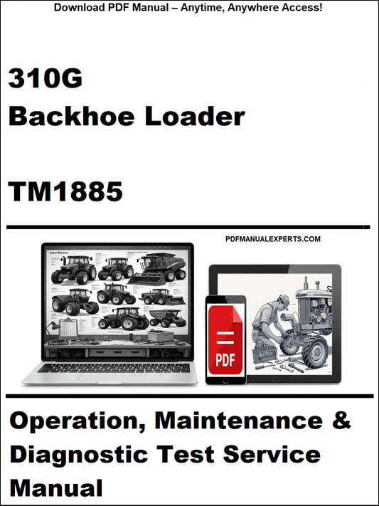 Manual cover for 310G Backhoe Loader TM1885 with laptop and toolbox graphics.