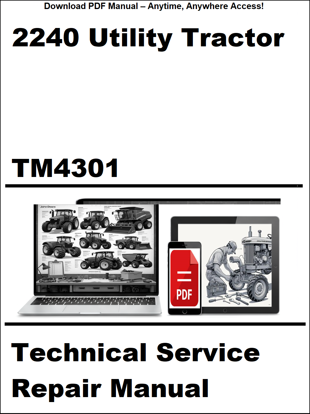 Technical Service Repair Manual for 2240 Utility Tractor with digital device and laptop illustration on a white background.