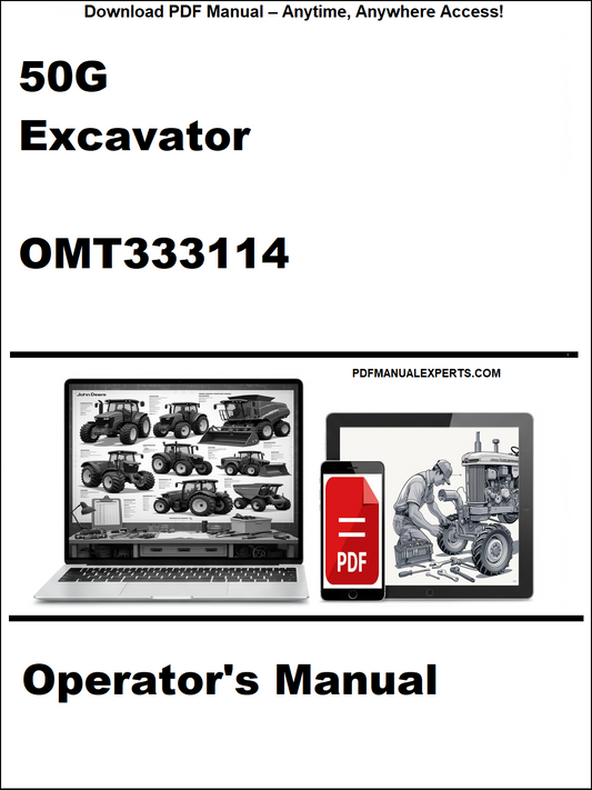 Operator's manual for a 50G Excavator with OMT333114 on a white background.