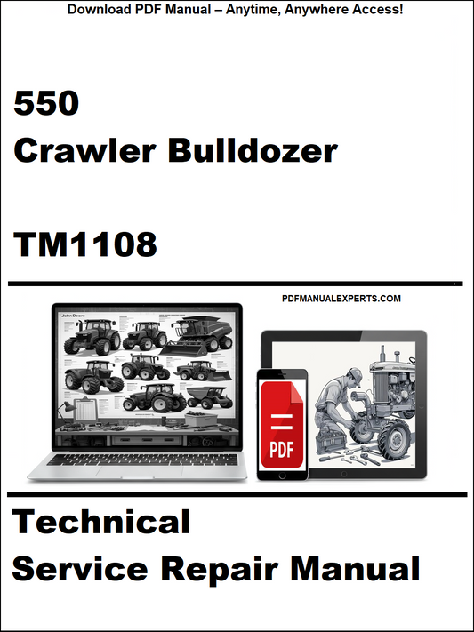 Technical service repair manual for John Deere 550 Crawler Bulldozer with laptop and toolbox graphic on a white background.