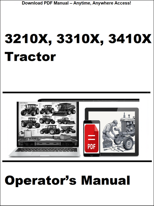 Operator's manual for 3210X, 3310X, 3410X tractor with laptop and tractor images on a white background.