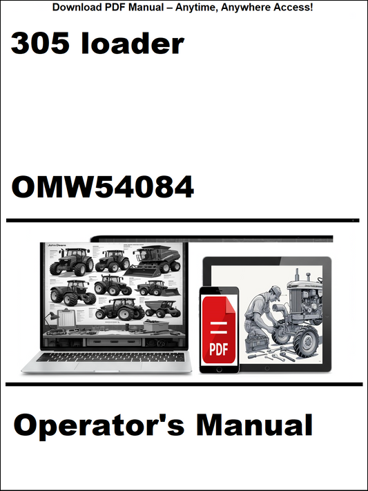 Cover of the 305 loader operator's manual with a laptop and smartphone displaying the manual.