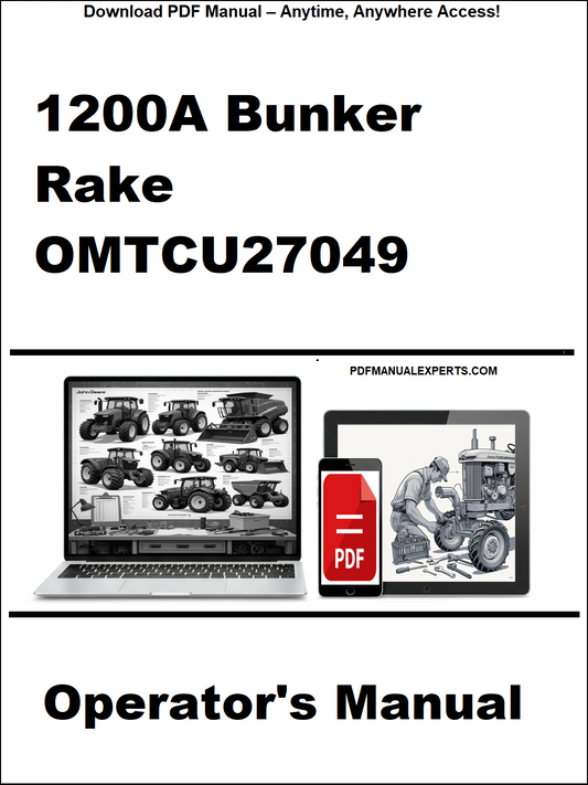 Operator's manual for 1200A Bunker Rake OMTCU27049 on a white background with laptop and truck images.
