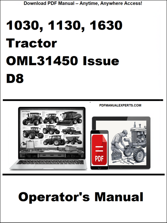 Operator's manual for 1030, 1130, 1630 tractor with OML31450 Issue D8 on a white background.