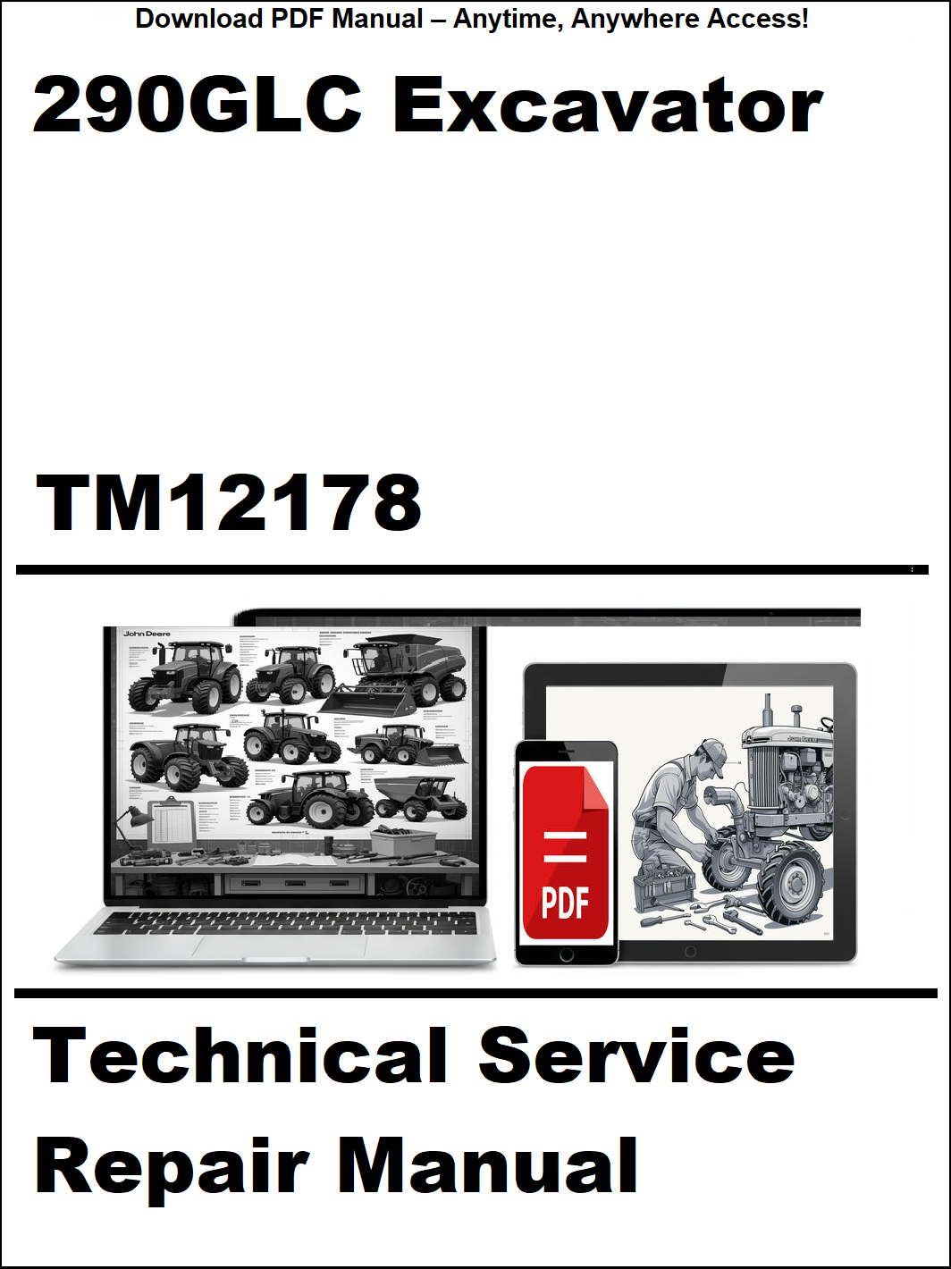 Technical service repair manual for 290GLC Excavator with a laptop and smartphone icon on a white background.