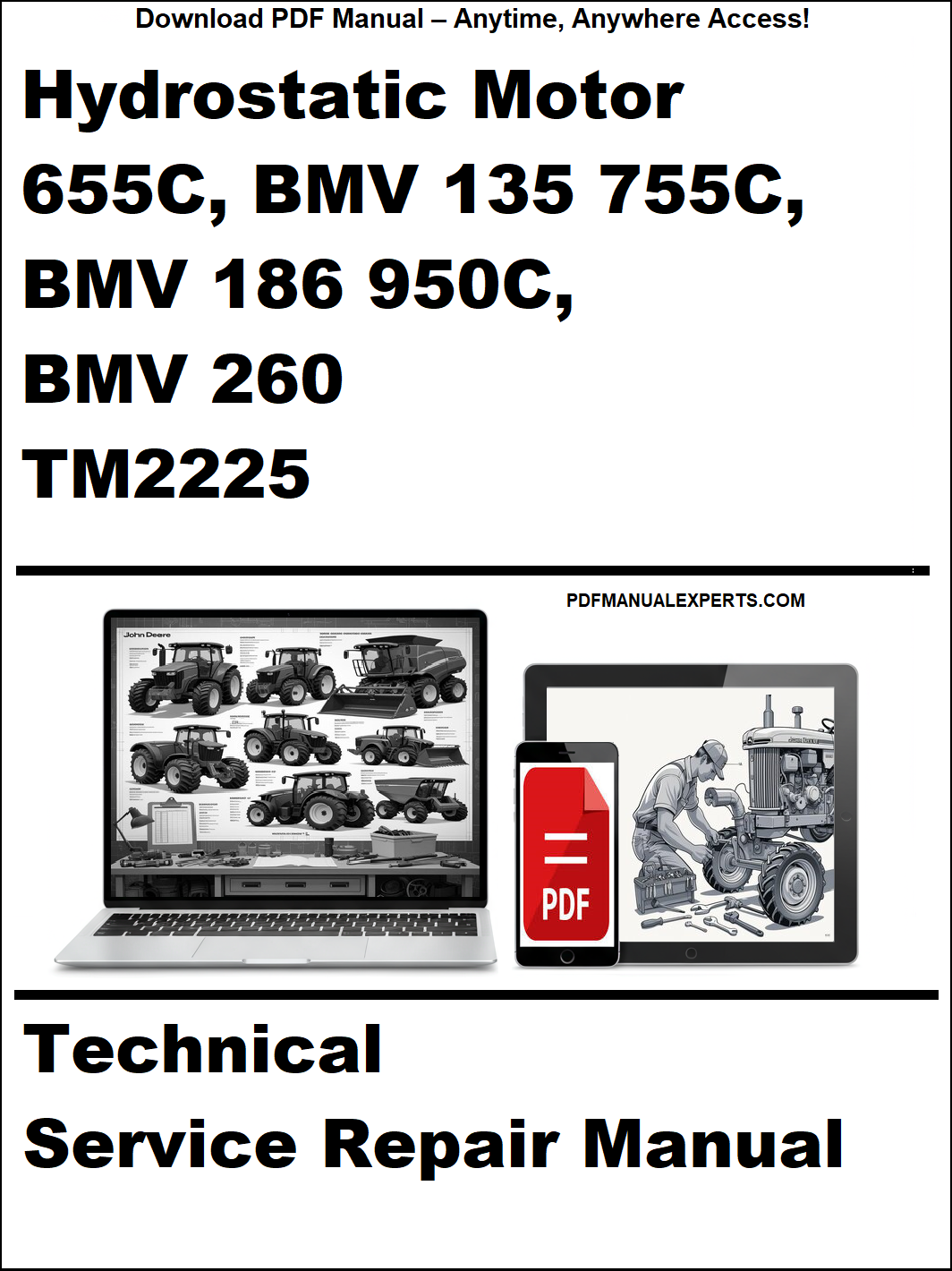 Cover of a technical service repair manual for hydrostatic motors with images of laptops and manuals.