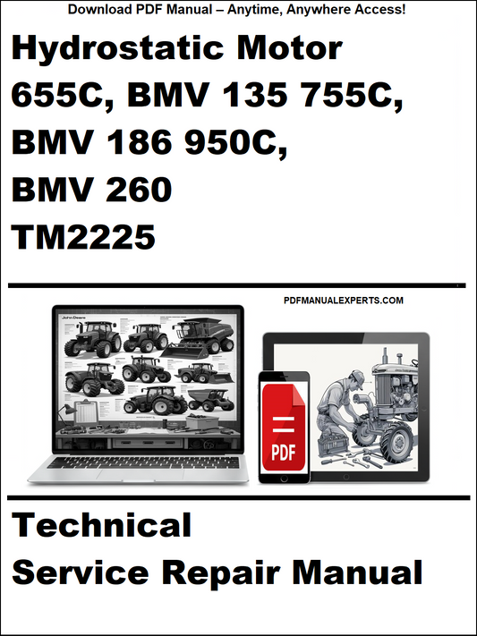 Cover of a technical service repair manual for hydrostatic motors with images of laptops and manuals.