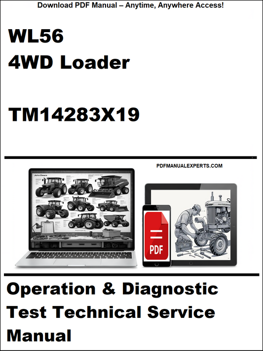Cover of a technical service manual for a WL56 4WD Loader with laptop and toolbox graphics.