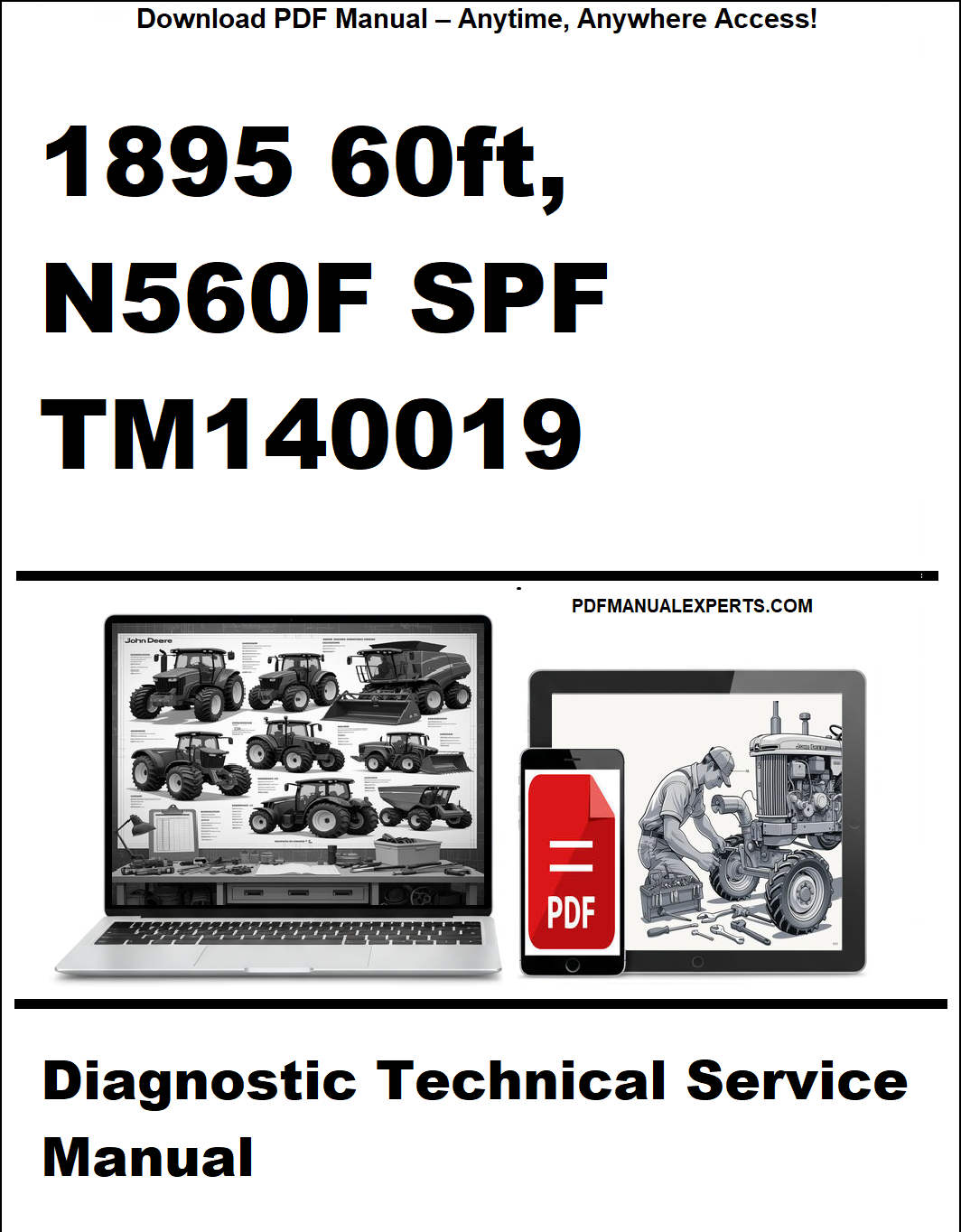 Promotional image for a diagnostic technical service manual on a laptop and tablet with text about access and download options.