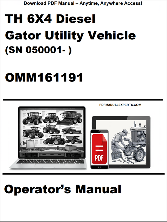 Cover of TH 6X4 Diesel Gator Utility Vehicle operator's manual with a laptop and toolbox graphic.