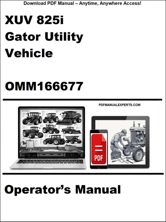 Operator's manual for XUV 825i Gator Utility Vehicle with a laptop and toolbox graphic on a white background.