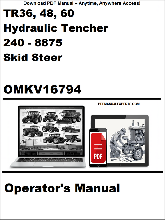 Operator's manual cover for TR36, 48, 60 Hydraulic Tencher 240-8875 Skid Steer with PDF icon and website text.