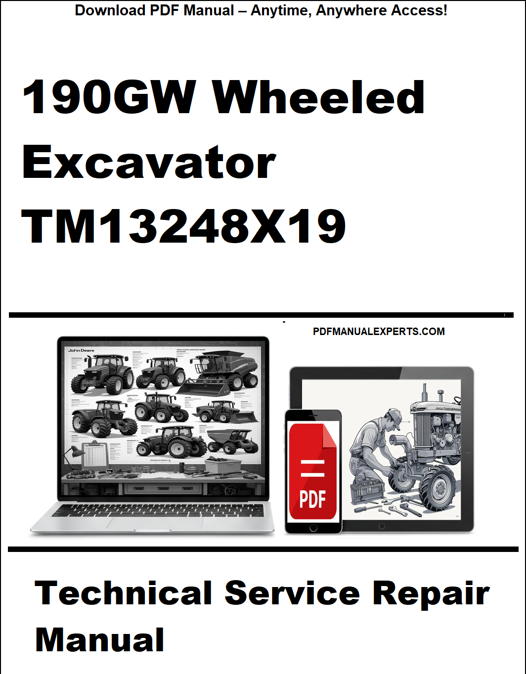 Cover of a technical service repair manual for a 190GW wheeled excavator, featuring a laptop and tablet with PDF icons.