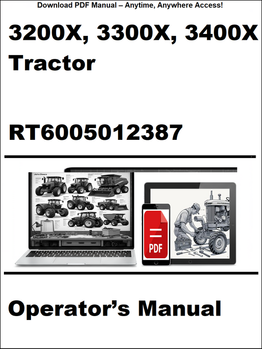 Operator's manual cover for 3200X, 3300X, 3400X tractor with digital device and laptop illustration.