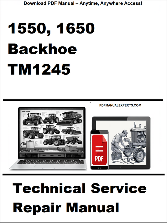 Technical service repair manual for 1550, 1650 backhoe TM1245 on a white background with laptop and toolbox icons.