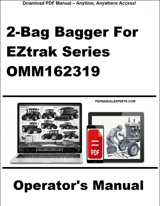 Cover of the 2-Bag Bagger for EZtrak Series OMM162319 Operator's Manual with a laptop and tablet icon.