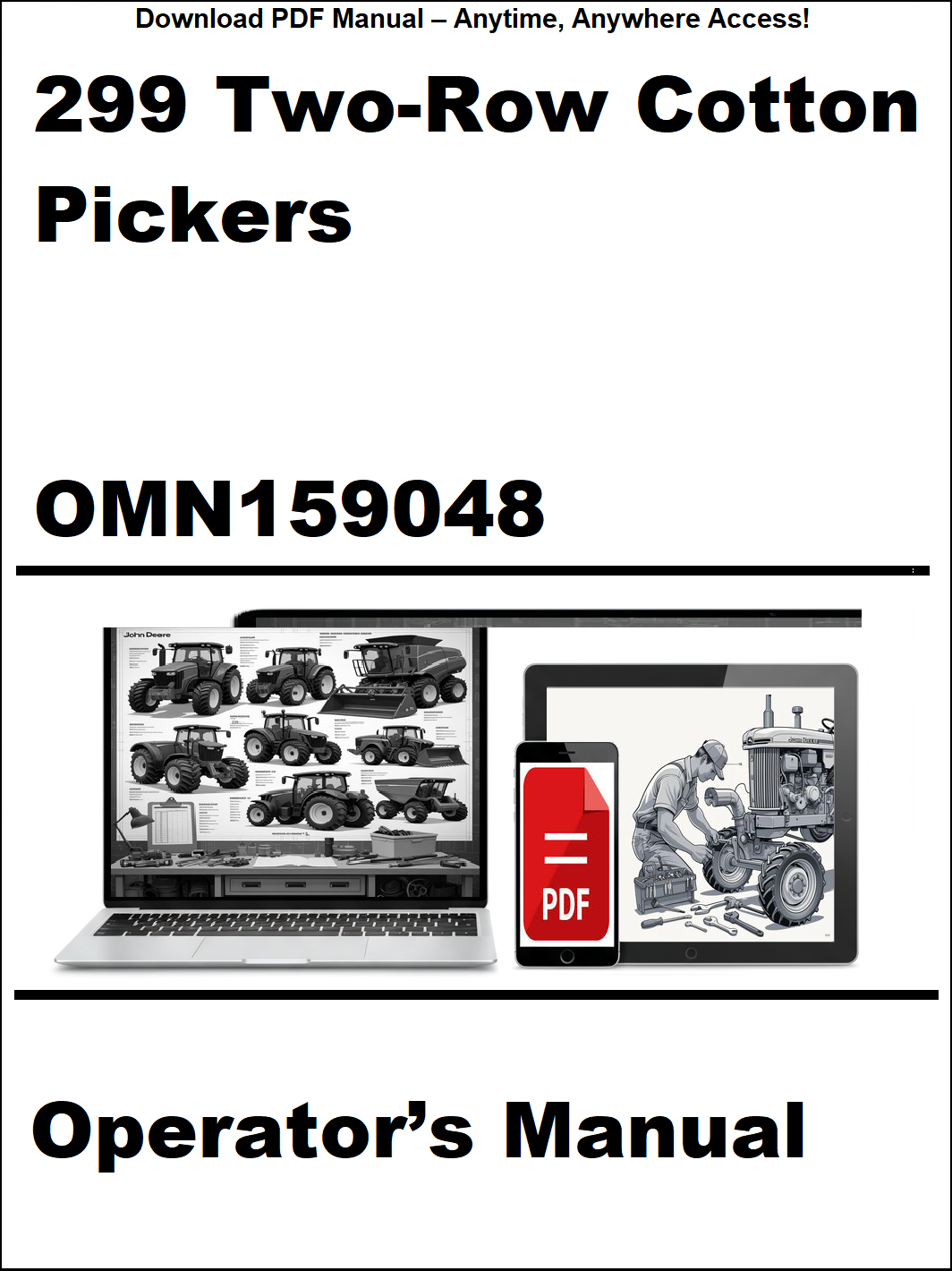 Operator's manual for 299 Two-Row Cotton Pickers with digital device icon on a white background