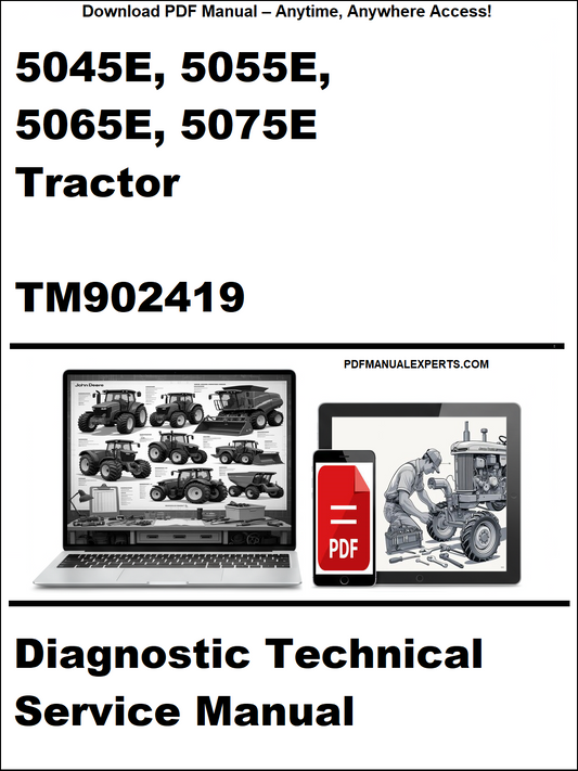 Advertisement for diagnostic technical service manual on tractor with laptop and toolbox graphic.