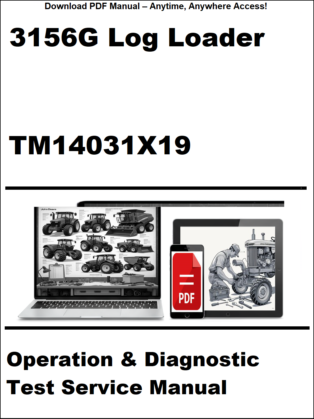 Manual cover for 3156G Log Loader operation and diagnostic test service manual with laptop and toolbox graphics.
