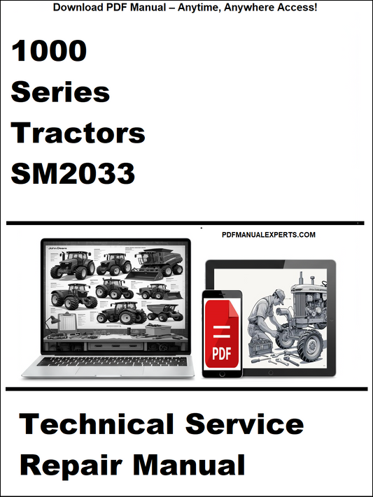 Technical service repair manual for 1000 Series Tractors SM2033 on a white background with laptop and toolbox icons.