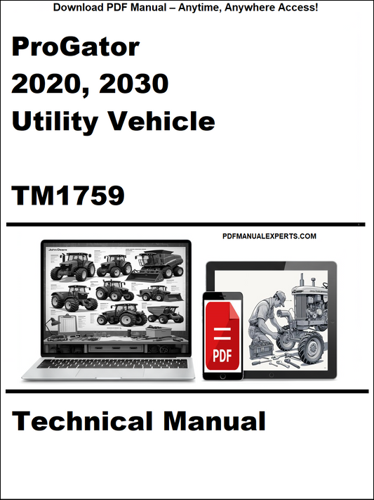 Cover of ProGator 2020, 2030 Utility Vehicle TM1759 Technical Manual with laptop and toolbox graphic.