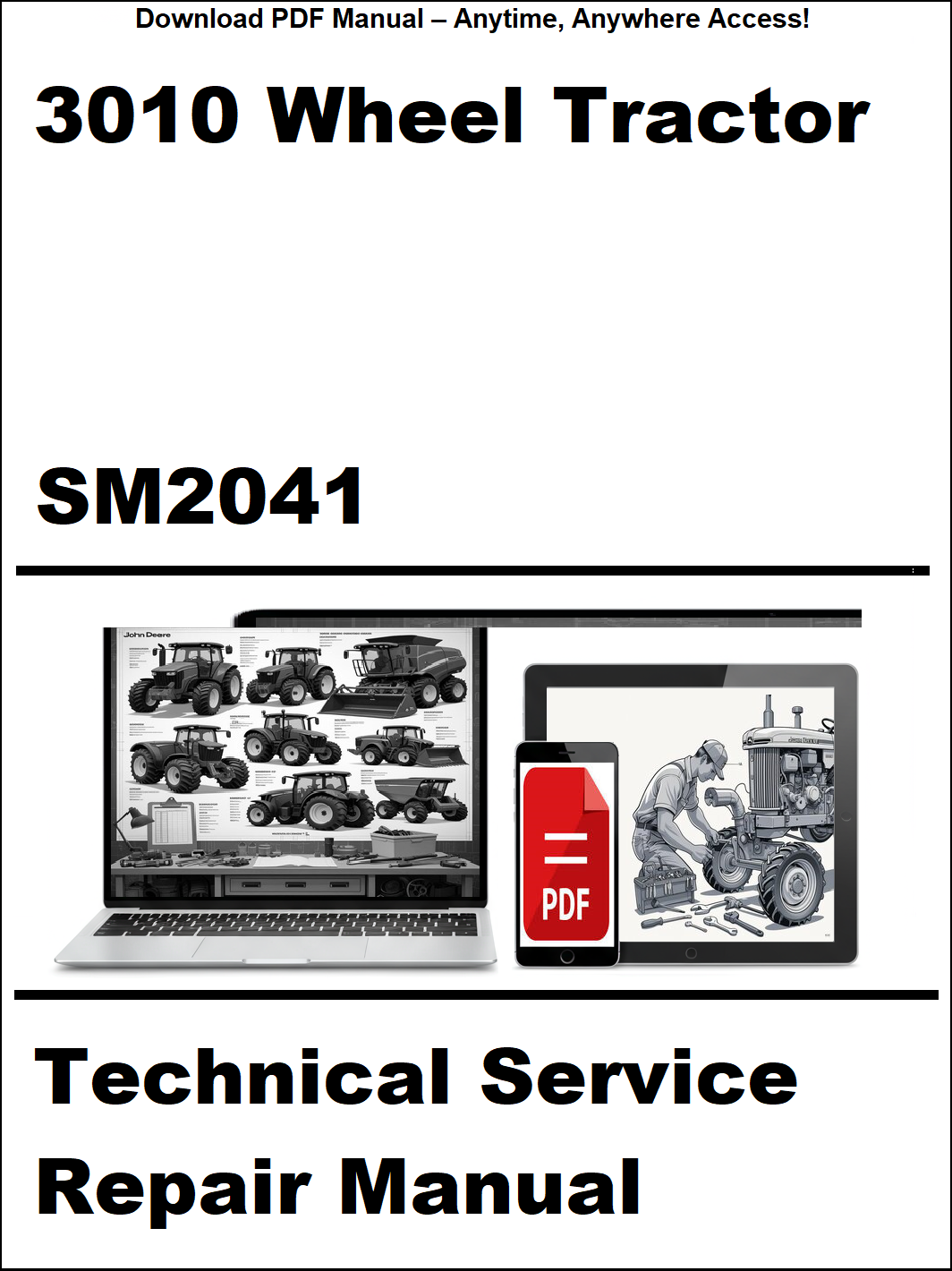 Technical service repair manual for 3010 wheel tractor with digital device and laptop illustration on a white background.
