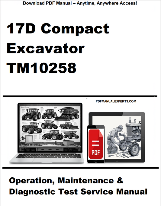 Manual for 17D Compact Excavator TM10258 with laptop and manual icons on a white background