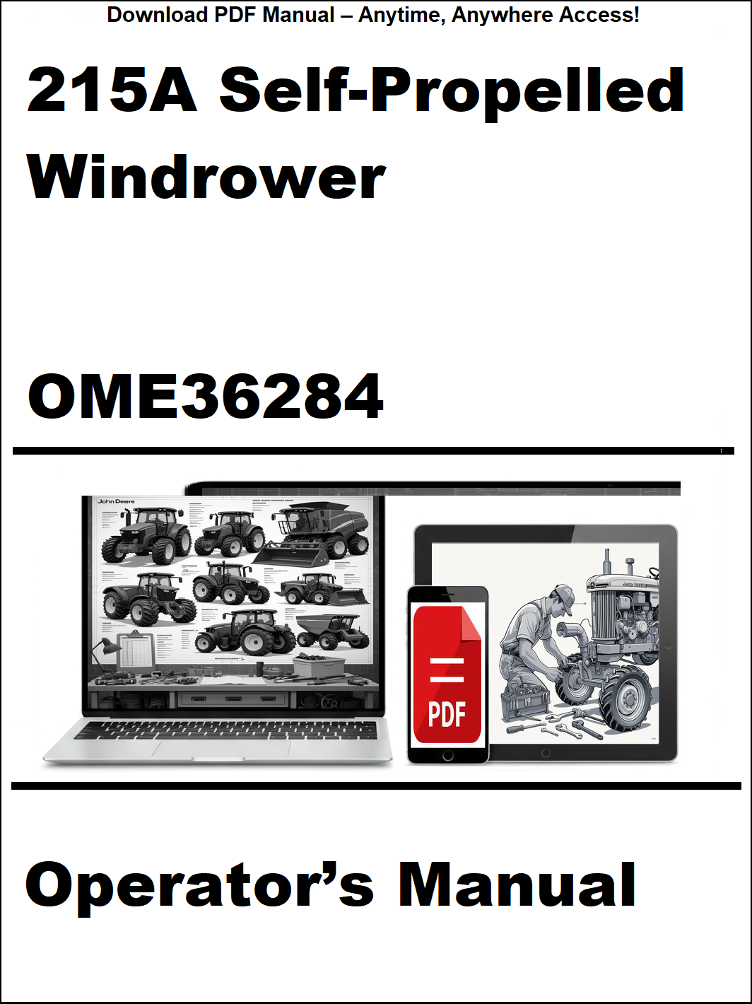 Operator's manual for 215A Self-Propelled Windrower with digital download icon on a white background