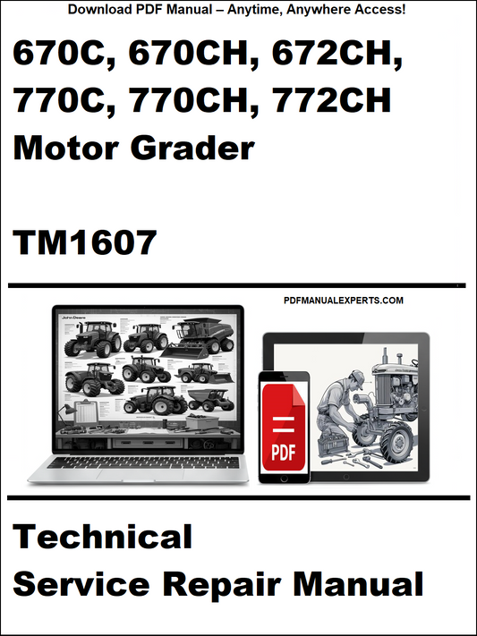 Cover of a technical service repair manual for motor graders with a laptop and toolbox graphic.