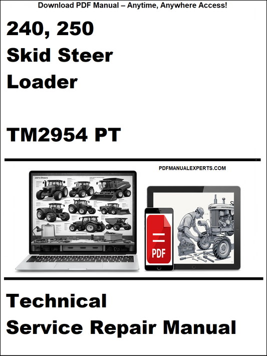Technical service repair manual for 240, 250 skid steer loader with laptop and toolbox graphic on a white background.