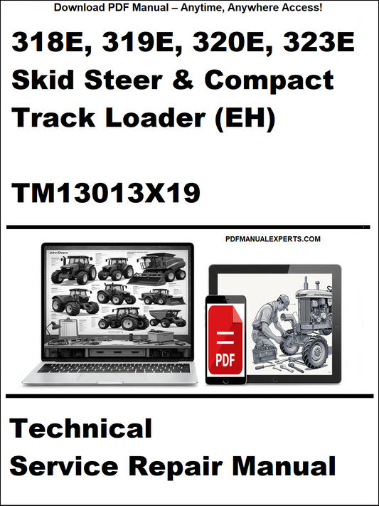 Technical service repair manual for John Deere skid steer and compact track loaders on a white background.