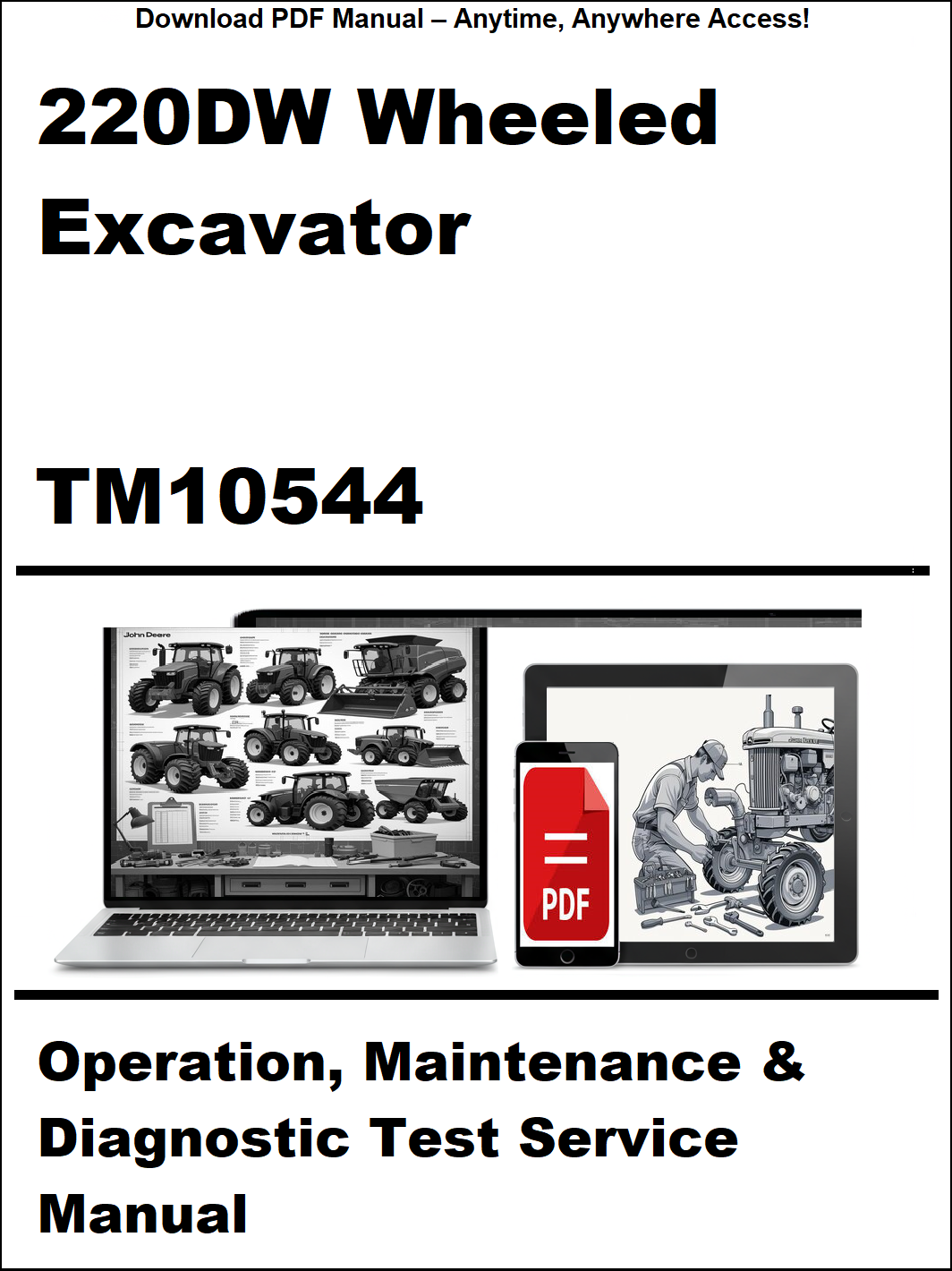 Manual cover for 220DW Wheeled Excavator TM10544 with images of a laptop and manual on a white background.