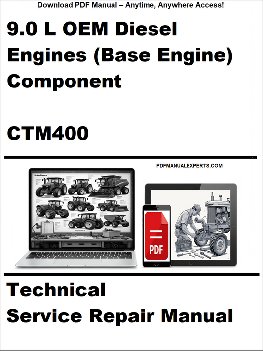Technical service repair manual for 9.0 L OEM Diesel Engines with a laptop and toolbox graphic on a white background.