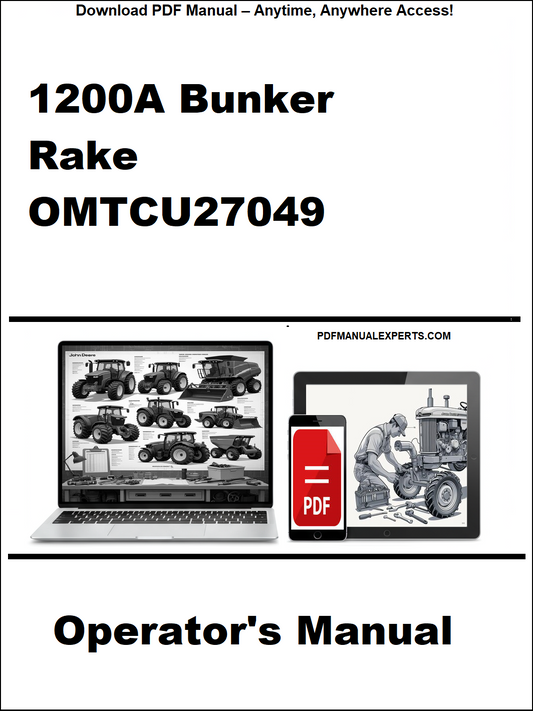 Operator's manual for 1200A Bunker Rake OMTCU27049 on a white background with laptop and truck images.