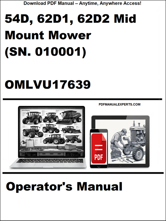 Cover of the operator's manual for 54D, 62D1, 62D2 mid-mount mower with a laptop and toolbox graphic.