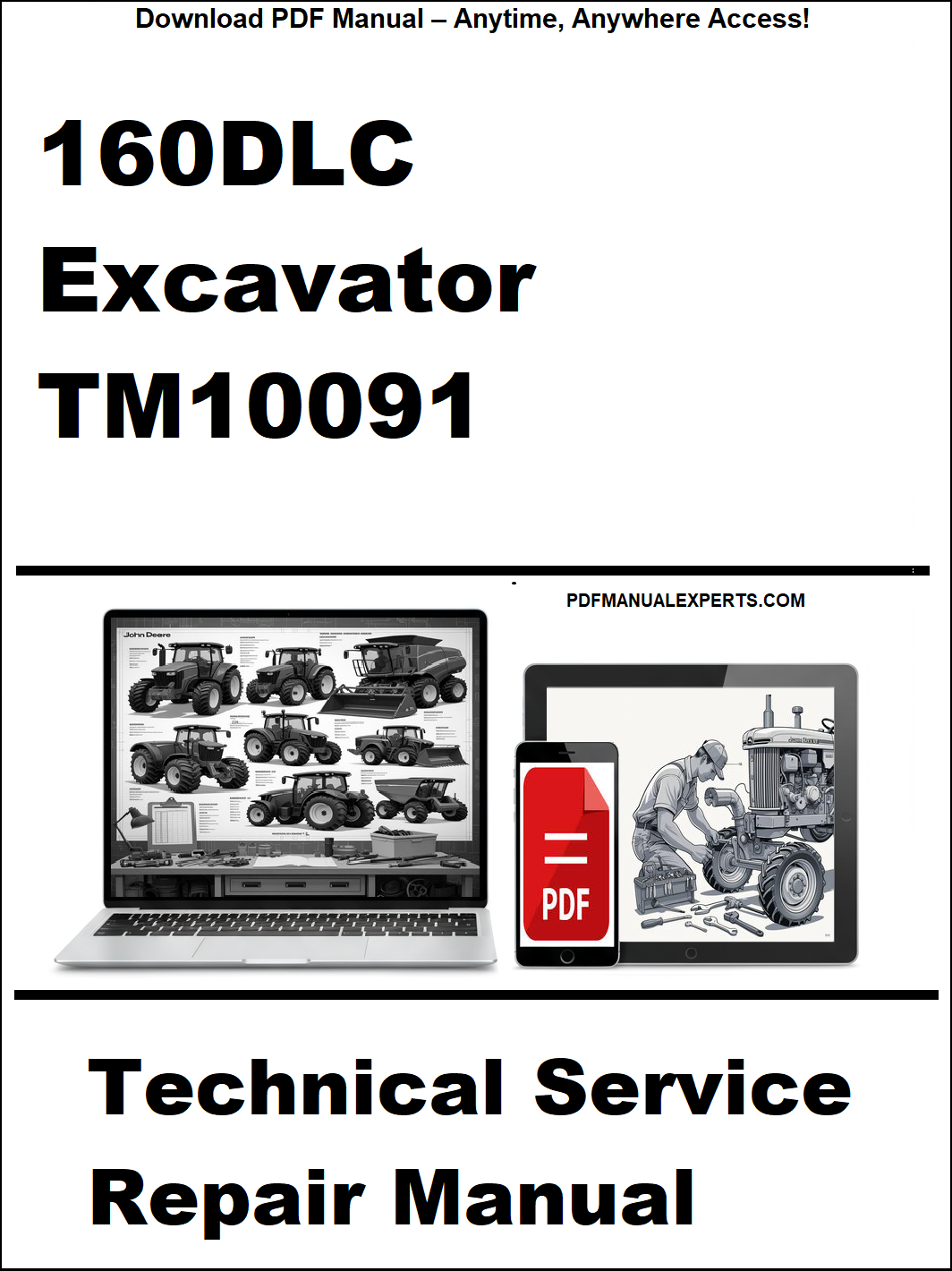 Technical service repair manual for 160DLC excavator with laptop and repair tool graphic on a white background.
