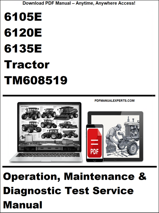 Cover of a tractor service manual with laptop and toolbox graphics on a white background