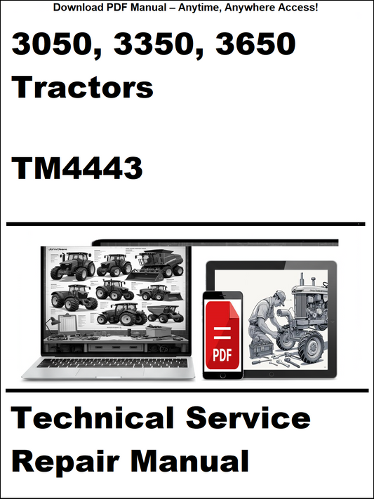 Technical service repair manual for 3050, 3350, 3650 tractors with a laptop and toolbox graphic on a white background.