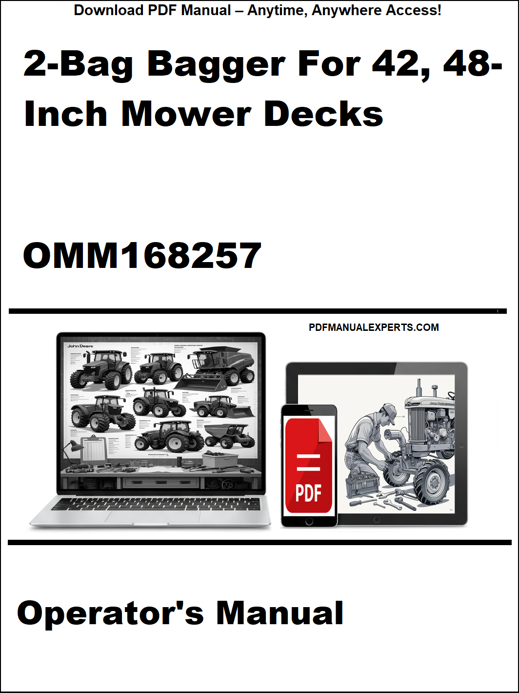 Operator's manual for a 2-Bag Bagger for 42, 48-Inch Mower Decks with PDF icon and laptop displaying manuals.