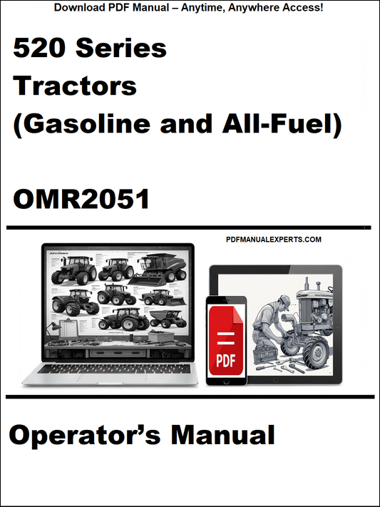 Cover of the 520 Series Tractors Operator's Manual with a laptop and toolbox graphic.