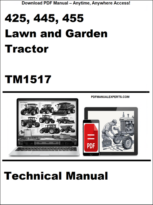 Advertisement for a technical manual on lawn and garden tractors with a laptop and tractor illustration.