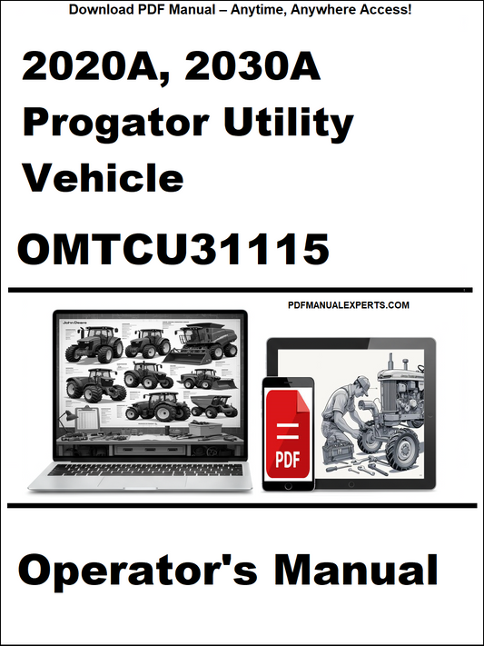 Operator's manual cover for 2020A, 2030A Progator Utility Vehicle OMTCU31115 with digital device icons.