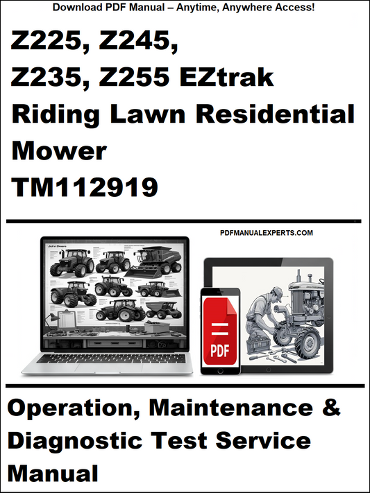 Manual cover for Z225, Z245, Z235, Z255 EZtrak riding lawn mower with laptop and diagnostic tool images.
