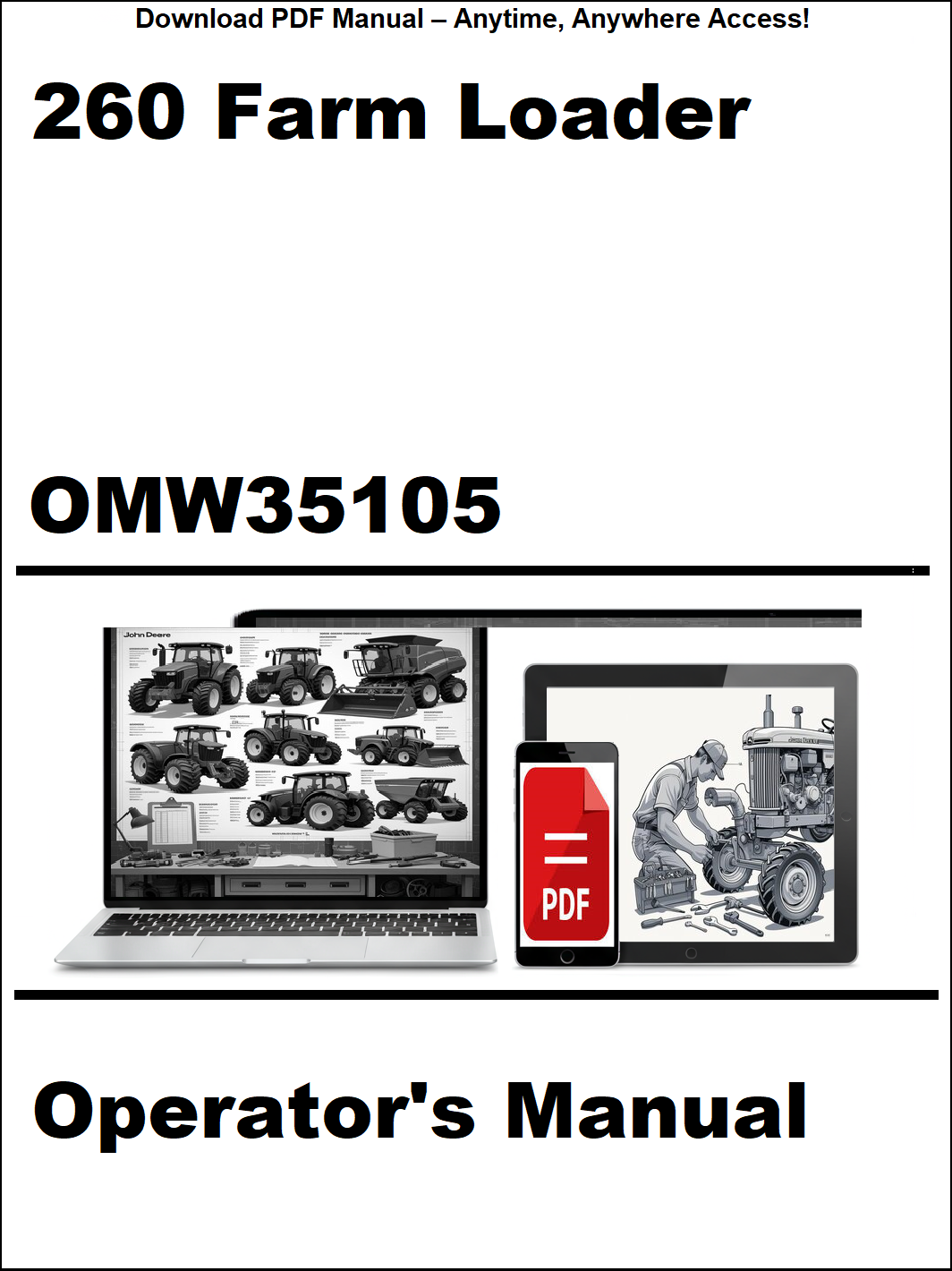 Operator's manual for a 260 Farm Loader with digital device icon and text on a white background