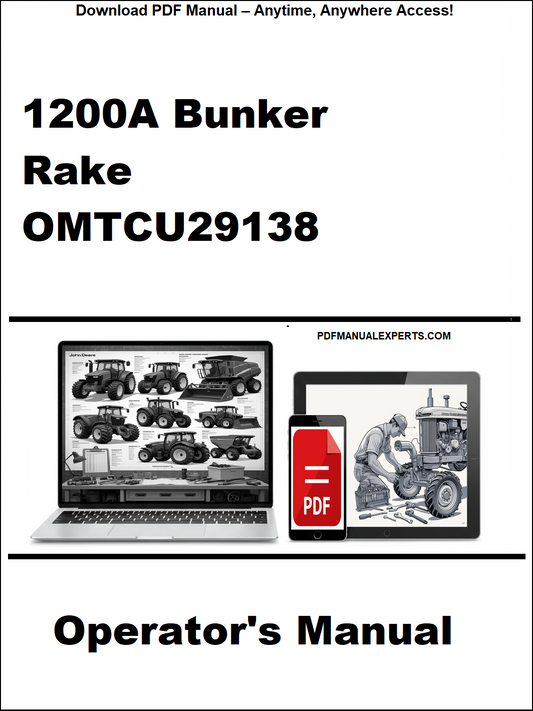 Operator's manual for 1200A Bunker Rake OMTCU29138 with a laptop and toolbox graphic on a white background.