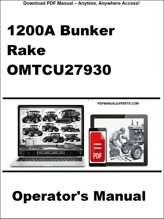 Operator's manual for 1200A Bunker Rake OMTCU27930 on a white background with laptop and truck images.