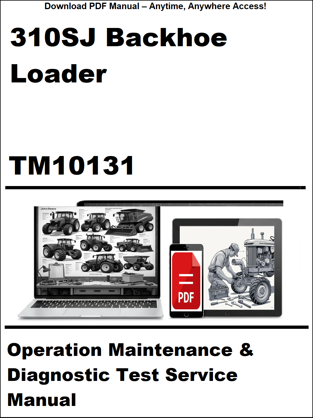 Manual cover for 310SJ Backhoe Loader TM10131 with images of a laptop and manual on a white background.