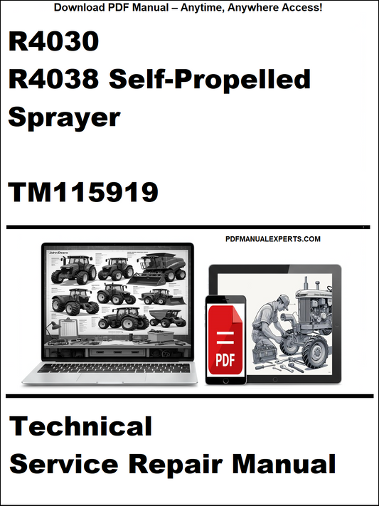 Cover of a technical service repair manual for R4030 and R4038 self-propelled sprayer with a laptop and toolbox graphic.